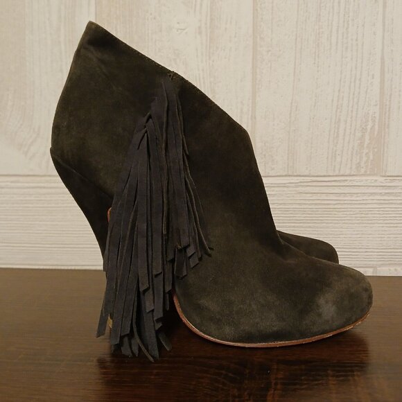 Plomo Size EU 39/US 8.5 Gray Suede Fringe Pull-On Ankle High Heels Andie Boot - Picture 1 of 13